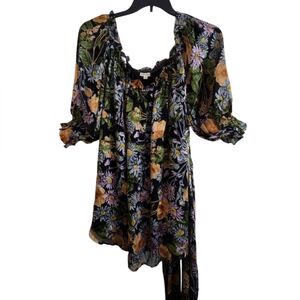 For Love & Lemons Off The Shoulder Floral Print Dress With Waist Sash Si…